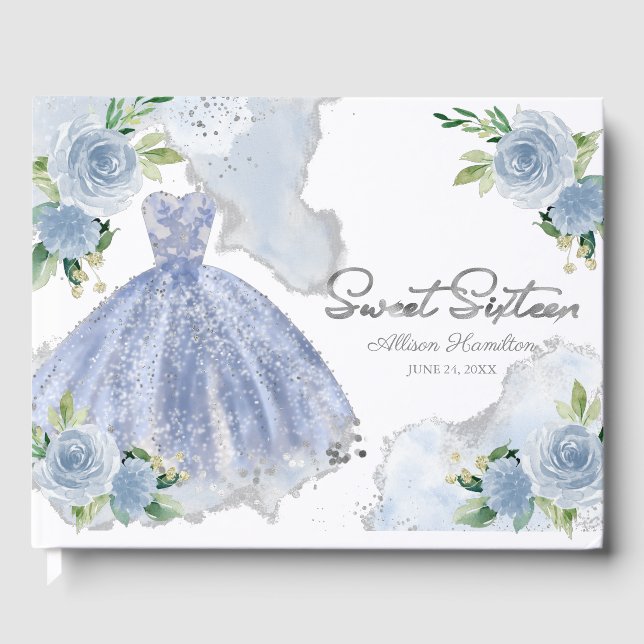 Sweet 16 Guest Book Silver Dusty Blue Gown Floral (Front)