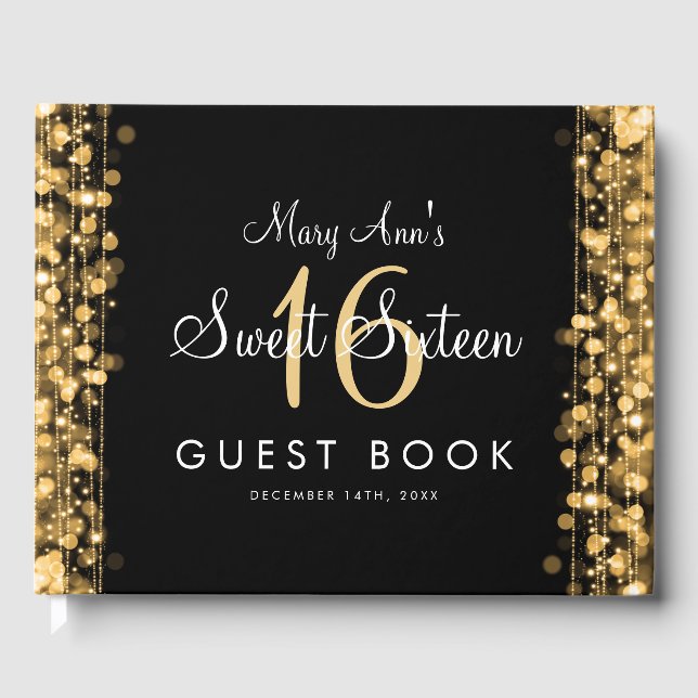 Sweet 16 Guestbook Party Sparkles Gold (Front)