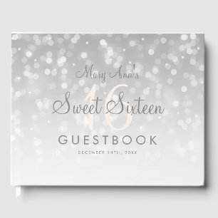 Sweet 16 Guestbook Silver Bokeh Sparkle Light