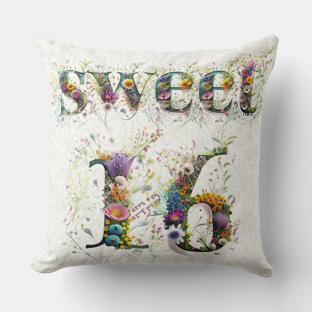 Sweet 16 Happy Birthday Wildflowers Text Cushion (Front)