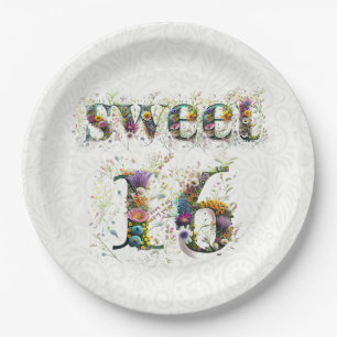 Sweet 16 Happy Birthday Wildflowers Text Paper Plate
