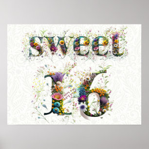 Sweet 16 Happy Birthday Wildflowers Text Poster
