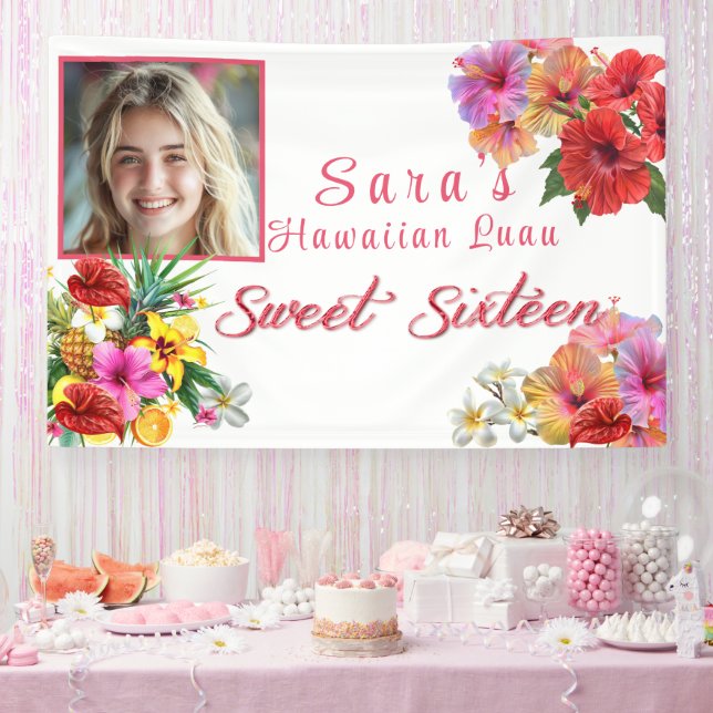 Sweet 16 Hawaiian Luau Hibiscus Plumeria Banner (Party)