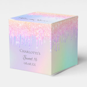 Sweet 16 holographic pink glitter drips thank you favour box