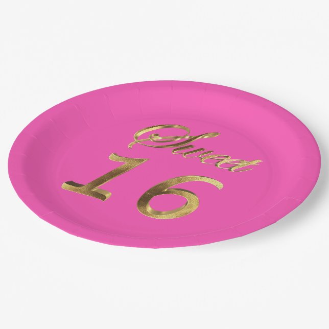 Sweet 16 Hot Pink and Gold Look Typography Elegant Paper Plate (Angled)