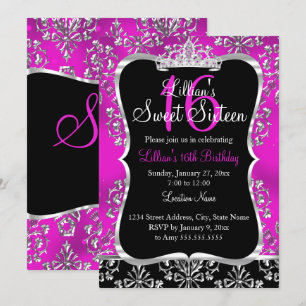 Sweet 16 Hot Pink Black Damask Tiara Invitation