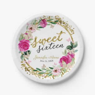 Sweet 16 Hot Pink Floral Butterfly Paper Plate