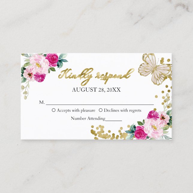 Sweet 16 Hot Pink Floral Butterfly RSVP Enclosure Business Card (Front)