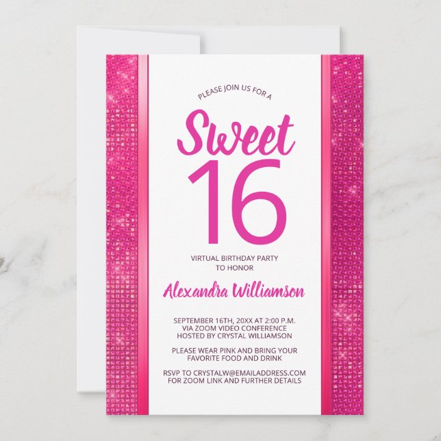 Sweet 16 Hot Pink Glam Virtual 16th Birthday Party Invitation (Front)