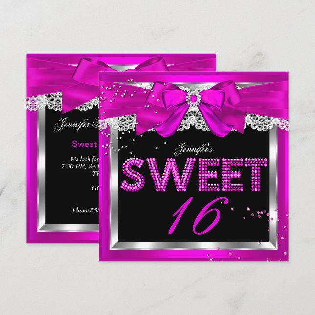 Sweet 16 Hot Pink Glitter Glam Birthday Party Invitation (Front/Back)