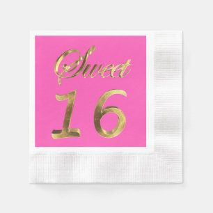 Sweet 16 Hot Pink Gold Look Typography Elegant Napkin