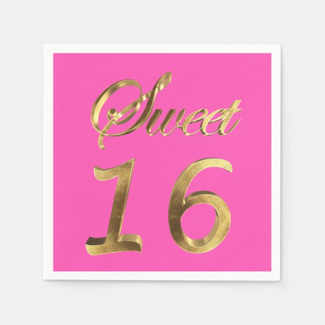 Sweet 16 Hot Pink Gold Look Typography Elegant Napkin (Front)
