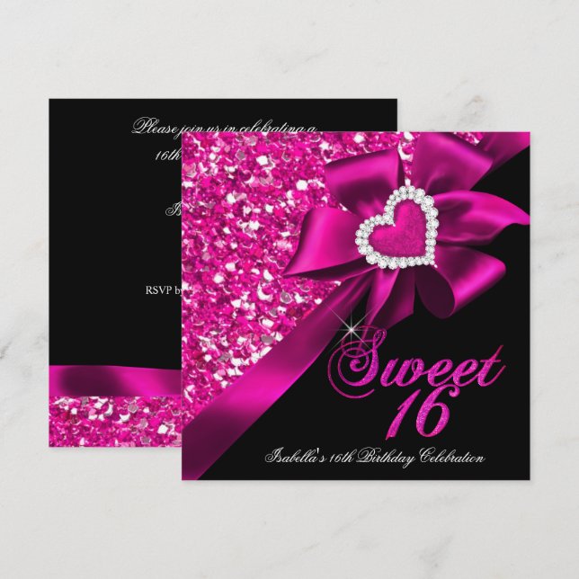 Sweet 16 Hot Pink Heart Bow Black Party Invitation (Front/Back)