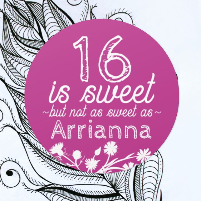 Sweet 16 Hot Pink, Magenta, White Flowers Classic Round Sticker (hot pink magenta sweet 16 party favor sticker personalized label seal with name for sweets gifts)