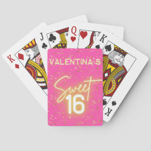Sweet 16 Hot Pink Neon Glow Gold Glitter Birthday Playing Cards