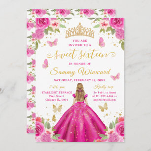 Sweet 16 Hot Pink Princess Blonde Girl Invitation