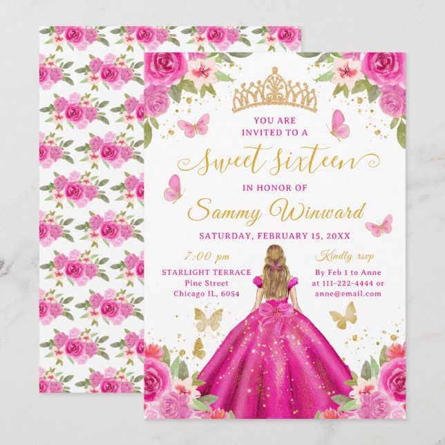 Sweet 16 Hot Pink Princess Blonde Girl Invitation (Front/Back)