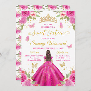 Sweet 16 Hot Pink Princess Brunette Girl Invitation