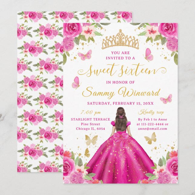 Sweet 16 Hot Pink Princess Brunette Girl Invitation (Front/Back)