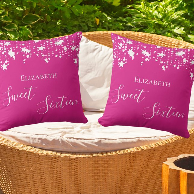 Sweet 16 hot pink white stars name cushion (Creator Uploaded)