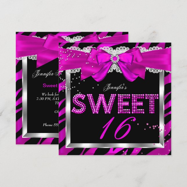 Sweet 16 Hot Pink Zebra Glitter Glam Birthday Invitation (Front/Back)