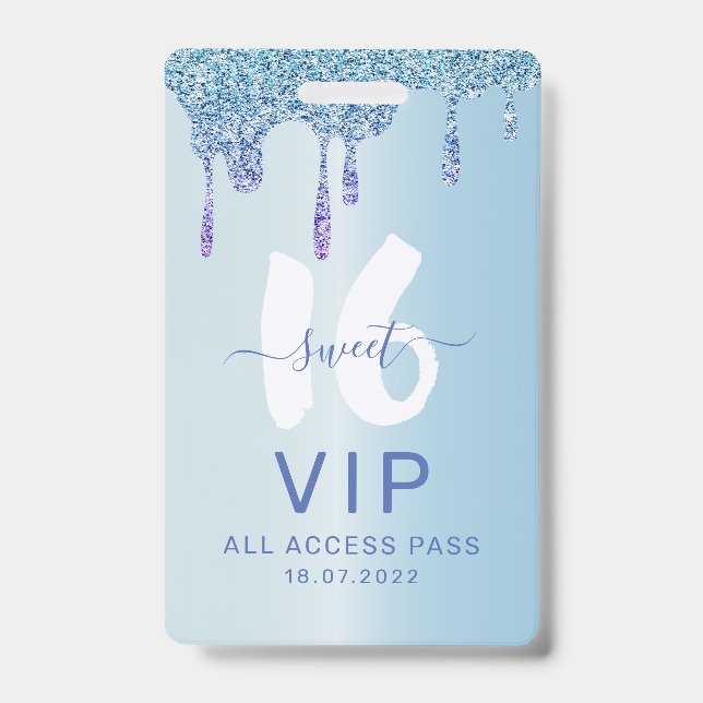 Sweet 16 Ice Blue Metallic Birthday Invitation ID Badge (Front)
