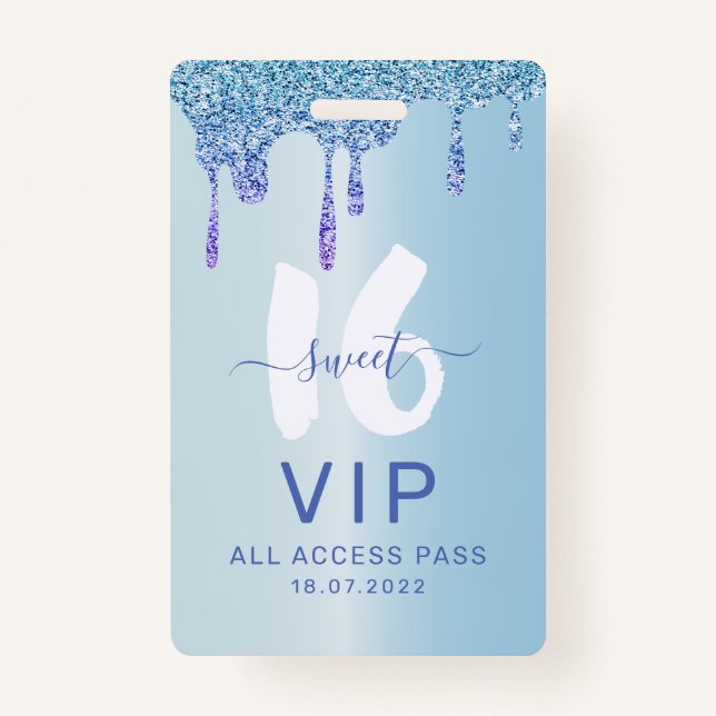 Sweet 16 Ice Blue Metallic Birthday Invitation ID Badge (Front)