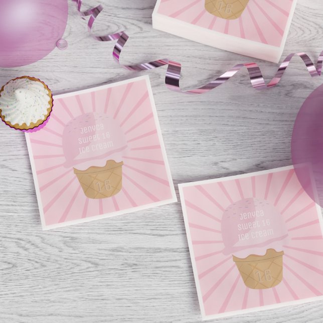 Sweet 16 Ice Cream Pink Birthday Party Napkins (Sweet Ice Cream Napkins just for you. Add your name and age!)