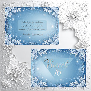 Sweet 16 Icy Blue Silver Winter Frost Snowflakes Thank You Card