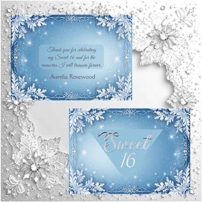 Sweet 16 Icy Blue Silver Winter Frost Snowflakes Thank You Card (Sweet 16 Icy Blue Silver Winter Frost Snowflakes Thank You Card)