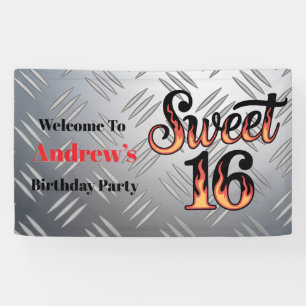 Sweet 16 In Fire Flames and Silver Plate Banner