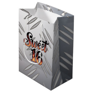 Sweet 16 In Fire Flames and Silver Plate Birthday Medium Gift Bag