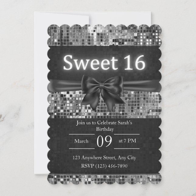 Sweet 16 Invitation - Black and Silver Bow (Front)