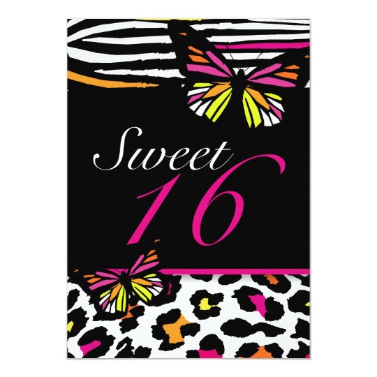 Sweet 16 Invitation Bright Butterfly & Zebra Print