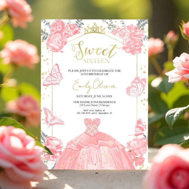  Sweet 16 Invitation Butterfly Pink Dress Floral (Creator Uploaded)