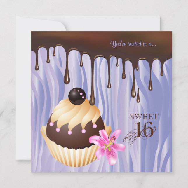 Sweet 16 Invitation Chocolate Cupcake Purple (Front)