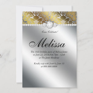 Sweet 16 Invitation Floral Damask Gold Silver