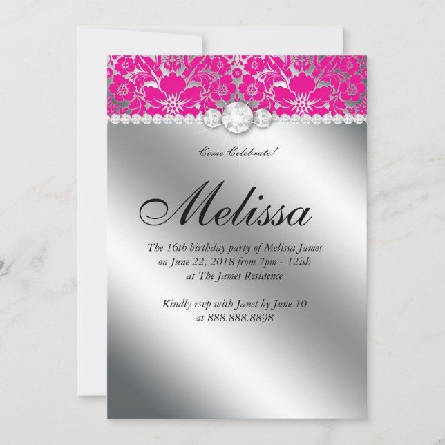Sweet 16 Invitation Floral Damask Hot Pink Silver (Front)