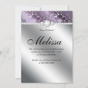 Sweet 16 Invitation Floral Damask Purple Silver