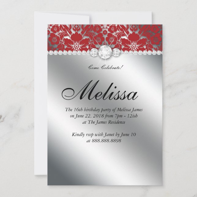 Sweet 16 Invitation Floral Damask Red Silver (Front)