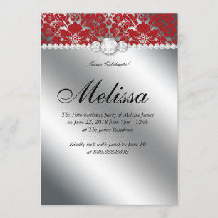 Sweet 16 Invitation Floral Damask Red Silver