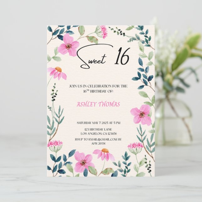 Sweet 16 Invitation floral pink (Standing Front)