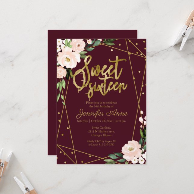 Sweet 16 Invitation Gold Burgundy Blush Floral (Front/Back In Situ)