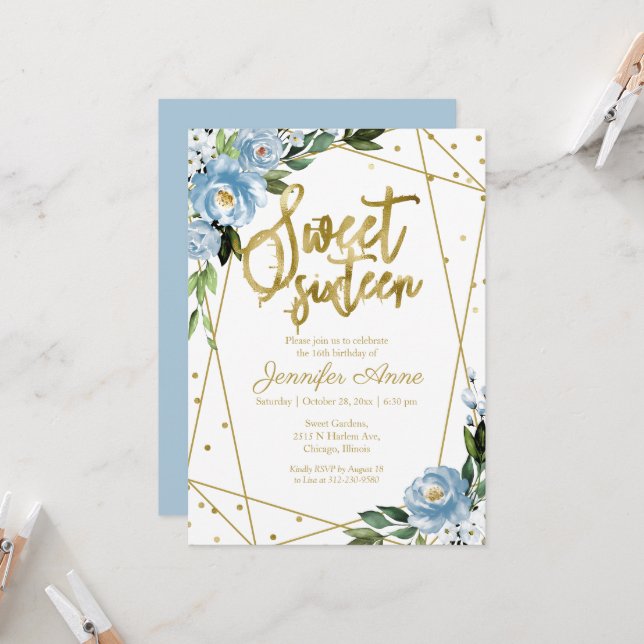 Sweet 16 Invitation Gold Foil Dusty Blue Floral (Front/Back In Situ)