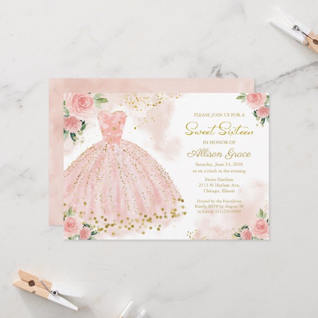 Sweet 16 Invitation Gold Foil Pink Blush Gown (Front/Back In Situ)