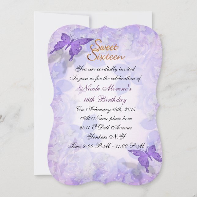 Sweet 16 invitation purple butterflies (Front)