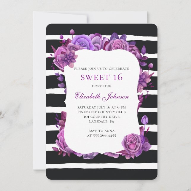 Sweet 16 invitation. Purple flowers 16th birthday Invitation (Front)