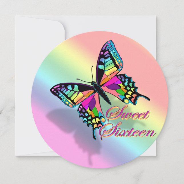 Sweet 16 invitation rainbow and butterfly (Front)