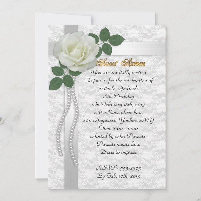 Sweet 16 Invitation satin lace and white rose (Front)