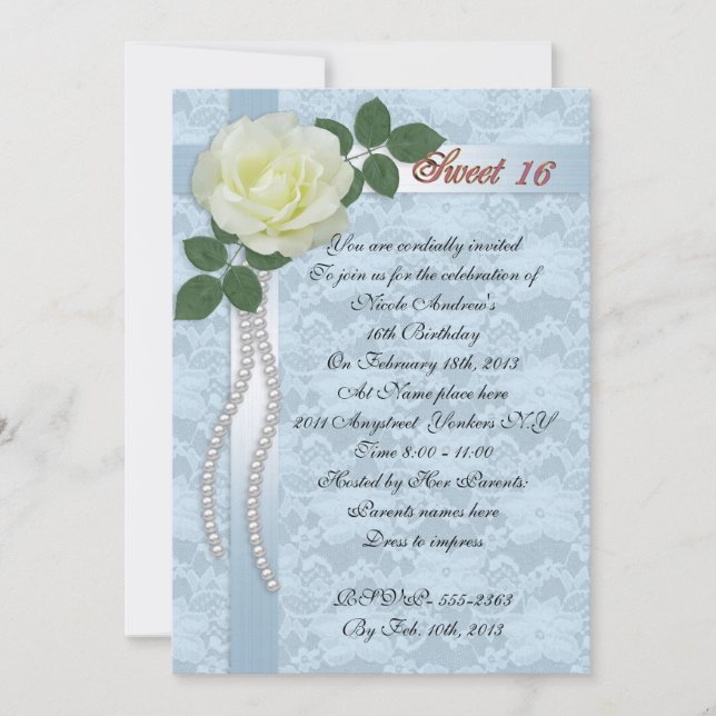 Sweet 16 Invitation satin lace and white rose (Front)